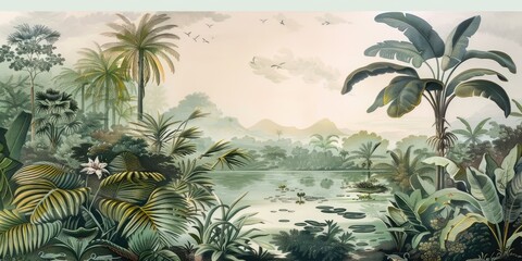 Fototapeta na wymiar wallpaper jungle and leaves tropical forest birds old drawing vintage - generative ai 