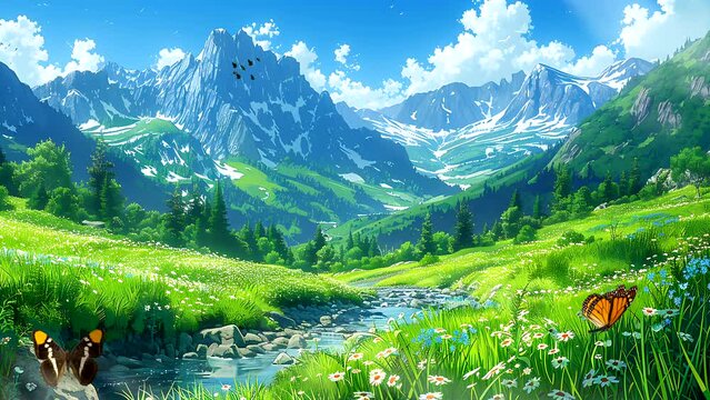 Beautiful meadows, green pastures and beautiful mountains, small flowing river. Seamless looping 4k time-lapse video animation background