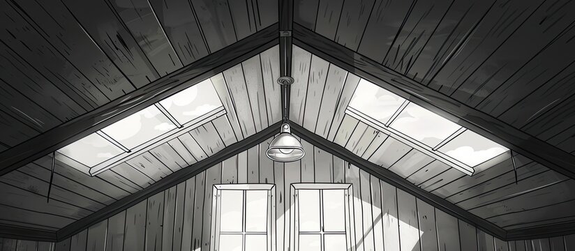 A monochrome photography capturing the symmetrical pattern of the ceiling with windows, showcasing the contrasts between wood and metal fixtures