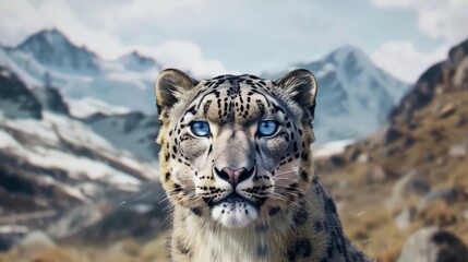  leopard,  blue eyes and camouflaged fur, with the snowy mountain terrain softly blurred in the background. 