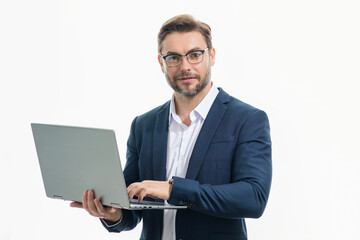 Business man using laptop. Male business man worker watch video on computer laptop. Serious business man hold laptop computer. Caucasian business man in glasses work with laptop, studio portrait.