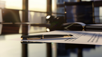Elegant pen resting on a signed document in a sunlit office with urban skyline view at dawn