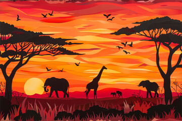 Savanna sunset seamless pattern with African wildlife silhouettes