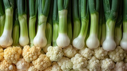 A close-up, top view texture of leeks, the green and white parts closely arranged.