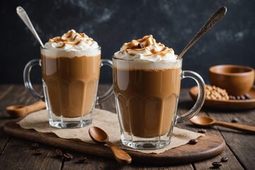 Homemade dalgona coffee in a glass mug with spoon dripping above