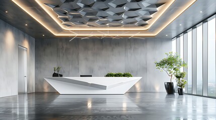a modern office lobby with a minimalist aesthetic, featuring a sleek white reception desk