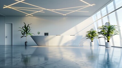 a modern office lobby with a minimalist aesthetic, featuring a sleek white reception desk