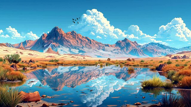 vast desert, with clear blue skies and white clouds with red mountains in the bright sunlight. Seamless looping 4k time-lapse video animation background