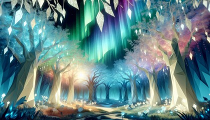 An enchanted forest where the trees have leaves made of translucent crystals, softly clinking in the wind.