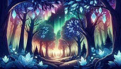 Poster An enchanted forest where the trees have leaves made of translucent crystals, softly clinking in the wind. © Send