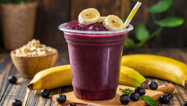 A&ccedil;a&iacute; batido com banana servido em um copo. Comida Brasileira, Comida Doce.