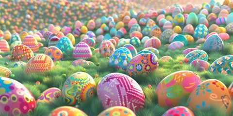 A variety of vibrant Easter eggs are displayed on the grass, creating a colorful and festive event. The eggs showcase intricate patterns and are made of natural materials AIG42E