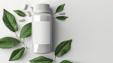 a white supplement bottle with a blank label next to green leaves on a pure white background - obrazy, fototapety, plakaty