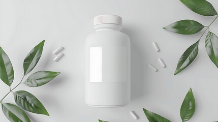a white supplement bottle with a blank label next to green leaves on a pure white background - obrazy, fototapety, plakaty