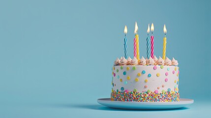 Colorful Birthday Cake with Candles on a Blue Background, in a Minimalistic Style, Studio Shot, Copy Space for Text, 8K, Ultra Details, a Masterpiece.