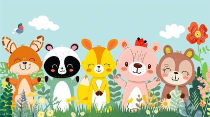 Obraz na płótnie Canvas Adorable critters posing cheerfully amidst a vibrant garden scene, depicted in a whimsical cartoon illustration.