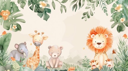 Charming birthday invitation adorned with delightful watercolor zoo animals set against a plain backdrop