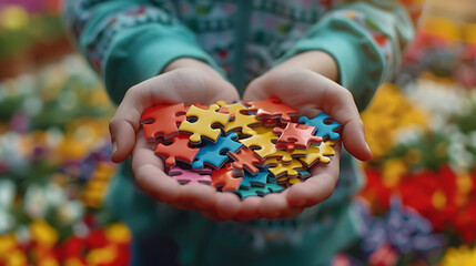 Colorful jigsaw in the hands of an autistic child reveals the complexity within simplicity. Generative ai.