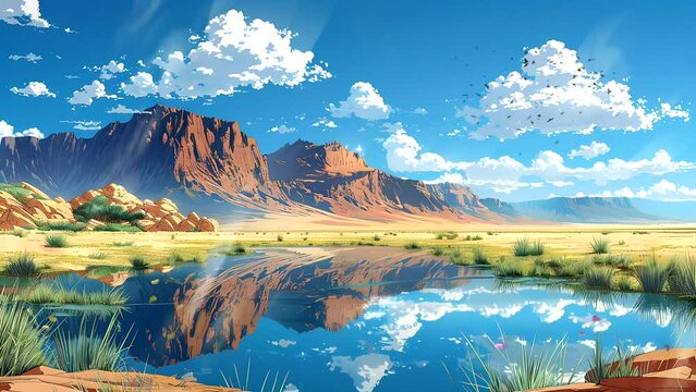 vast desert, with clear blue skies and white clouds with red mountains in the bright sunlight. Seamless looping 4k time-lapse video animation background