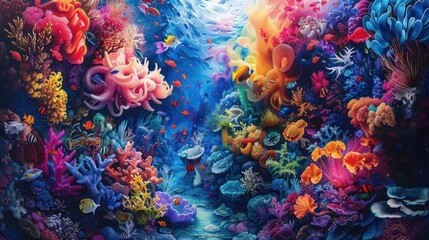 Design a whimsical and colorful underwater kingdom where animals of all shapes and sizes coexist peacefully - obrazy, fototapety, plakaty