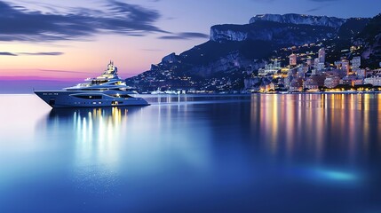 Naklejka premium luxurious mega yacht gliding through a calm bay at twilight, city lights reflecting on the water