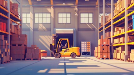 Provide context for the illustration by including elements that represent a warehouse environment, such as shelves, pallets, forklifts, etc - obrazy, fototapety, plakaty