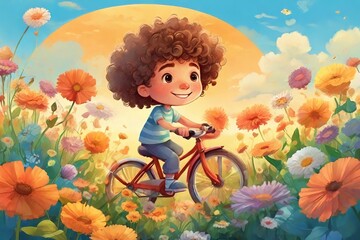 Little curly boy riding a bike/bicycle in the floral meadow. AI generated