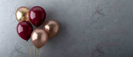 Maroon and gold balloons on a grey background, birthday party decorations in the style of unknown artist