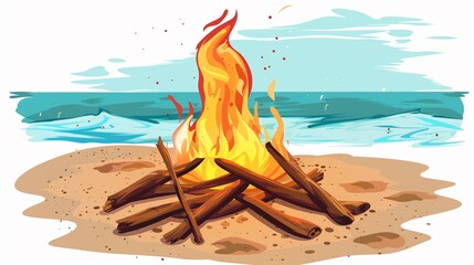Beach bonfire clipart surrounded by driftwood logs - obrazy, fototapety, plakaty