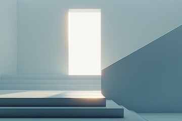 A serene minimalist interior design with sunlight shining through an open door.