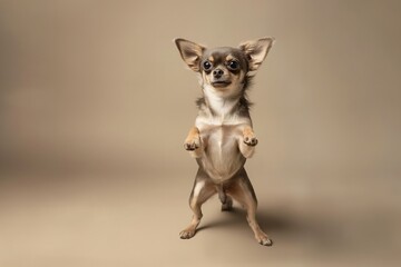 A cute Chihuahua dog standing upright on its hind legs, looking forward with a playful expression, isolated on a beige background.