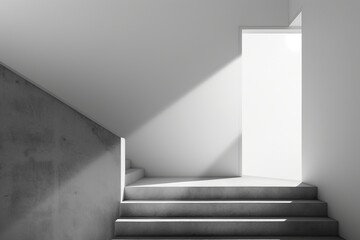 A clean, minimalist staircase bathed in natural light streaming through an open door, creating a contrast of light and shadow.