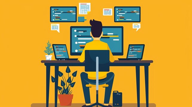 Create a character representing a frontend developer This could be a person sitting at a computer coding, designing a user interface, or testing a website on different devices