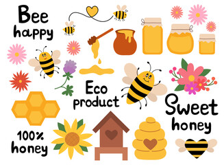 Honey flat Set elements, beekeeping industry. Jars and Pot, dipper spoon. Honeycombs, Hive. Funny bee. Flowers, Sunflower. And Lettering. Organic Eco farm fresh food and floral. Clip art vector.