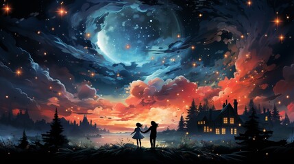 Obraz na płótnie Canvas Cartoon couple dancing beneath their dream cloud home