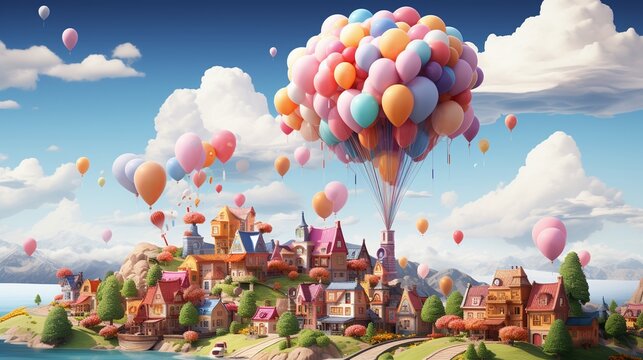 Cartoon characters using a giant slingshot to send party invitations to their cloud house 3D render