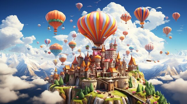 Cartoon characters using a giant slingshot to send party invitations to their cloud house 3D render