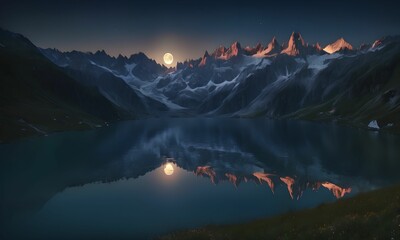 Wallpaper the snowy peaks of the Alps lit by a full moon - obrazy, fototapety, plakaty