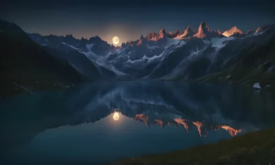 Cercles muraux Pleine lune Wallpaper the snowy peaks of the Alps lit by a full moon