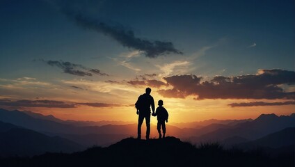 Father day with Silhouette son is riding his father's neck at Mountain peaks in evening time vector design