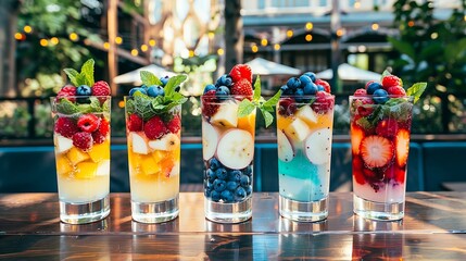 Five colorful fruit parfaits in clear glasses lined up on a wooden table