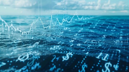 A series of upward trending graphs and currency symbols cast against a vibrant blue ocean backdrop, epitomizing breakthrough financial development
