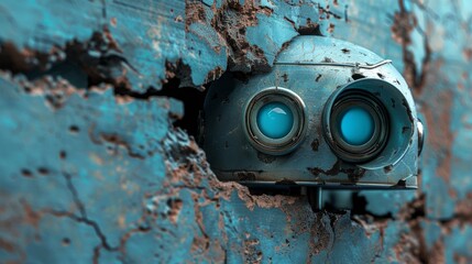 A robot peeks through a hollow blue aperture in a textured wall, close-up view showcasing a breakable barrier to the mysteries on the other side