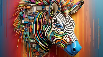 A zebra head morphing into a vibrant electronic board, highlighting the fusion of natural beauty and advanced technology, origami, futuristic neon, hyper-realistic photography