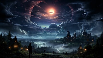 A magical nighttime scene a village where cloud houses glow in the sky like stars