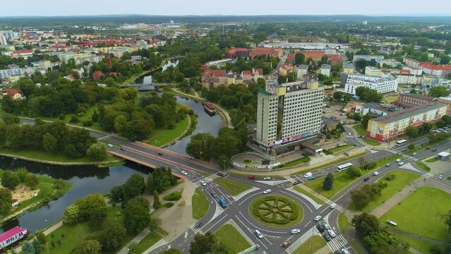 Avenue Jana Pawla River Gwda Pila Aleja Rondo Aerial View Poland