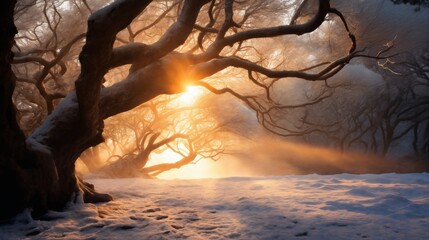 beautiful winter landscape, tree branches in snow covered forest, bright sunlight on a glade and beautiful nature