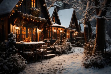Fototapeta premium village street in winter season decorated for Christmas or New Year holiday, beautiful view of exteriors of houses , snow, sunset, street lights, festive environment