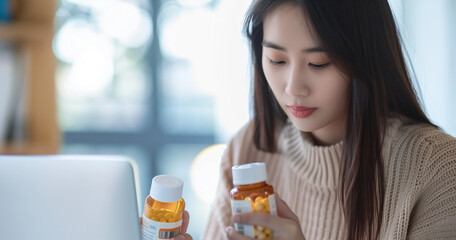 healthy eating Asian young woman, girl working remotely using computer, typing or searching for details on medicine label about vitamins information online, holding bottle of dietary supplements - obrazy, fototapety, plakaty
