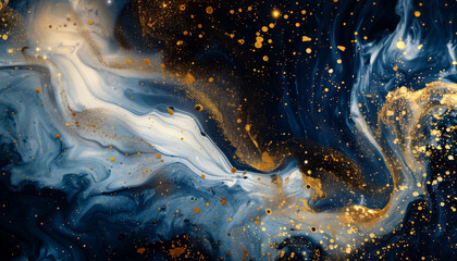 Abstract fluid flowing art deep blue and white with gold accent dark tone in concept luxury.